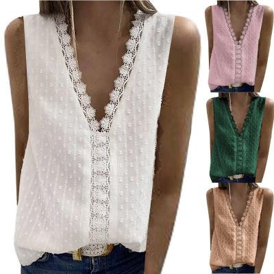 China 2022 New Anti-wrinkle Amazon Popular Lace V-Neck Top Chiffon Vest Sleeveless Vest Tops for sale