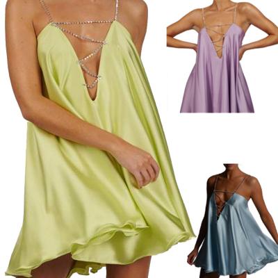 China 2022 New Amazon Crystal Diamond Chain Sling Dress Sexy Anti-wrinkle Backless V-Neck Backless Satin Loose Plus Size Dress for sale