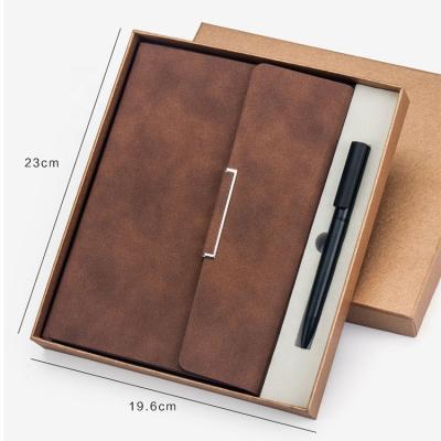 China Brown Corporate Volume Personalized Logo Easy Enrolling Custom Business Faux Leather Hard Cover Maker Notebook and Pen Gift Set for sale