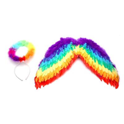 China Feather Rainbow Angel Wings feather and halo headband set for costume party for sale