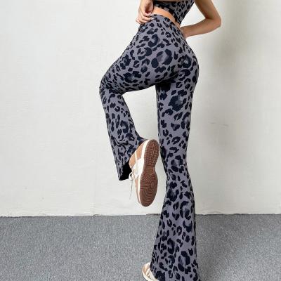 China New Breathable Leopard Print Flared Pants Women Workout Fitness Gym Wear Clothes Yoga Pants Quick Dry Slimming Hip Lifting Leggings for sale