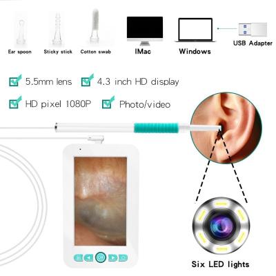 China Newest 3.9mm Otoscope Ear Cleaning Video Endoscope With 4.3 Inch HD 1080p 4.3 Inch LCD Display for sale