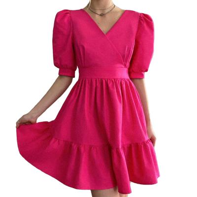 China New Arrival Breathable Sleeve Soft V-Neck Slim Solid Summer Dress for sale