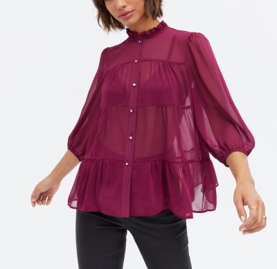 China Diamante Deep Pink Button Chiffon Anti-Pilling Tiered Blouse for sale