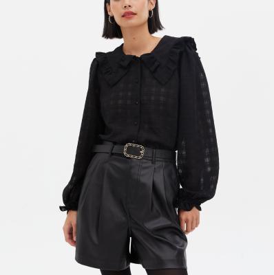 China Anti-pilling Black Textured Frill Collar Puff Sleeve Shirt for sale