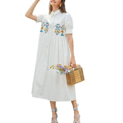 China YueMa Breathable Floral Embroidered Shirt Dresses Casual White Women Clothing Summer Dress Ladies for sale