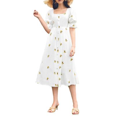 China Breathable Button Front Floral Embroidered Summer Puff Sleeve Dress for sale