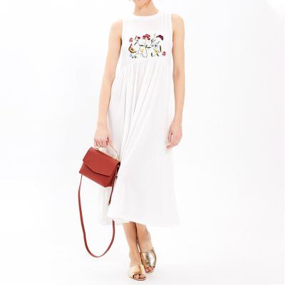 China Breathable Fashionable Solid White Maxi Long Sleeveless Flower Embroidery Dress for sale