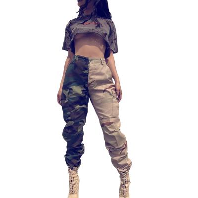 China Camouflage QUICK DRY Patchwork Jumpsuits Casual Womens Pants Street Waist High Tapered Pattern Cargo Pants Women for sale