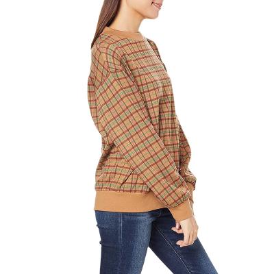 China Custom Casual Round Neck Hoodies Women QUICK DRY Long Sleeve Women 100% Cotton Plaid Sweatshirt for sale