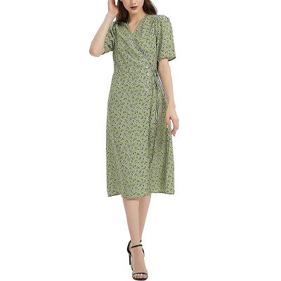 China Women's Summer Style Anti-Wrinkle Short Sleeve Wrap Floral Printed Casual Midi Dress Women Western Clothing for sale