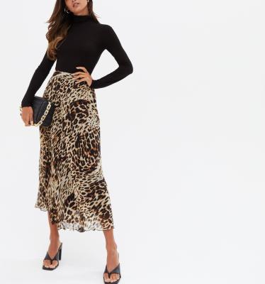 China Machine Washable Brown Leopard Print Chiffon Pleated Midi Skirt for sale