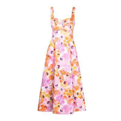 China Breathable Popular Women's Lightweight Crepe Fabric Ties Off Midi Floral Print Dress for sale