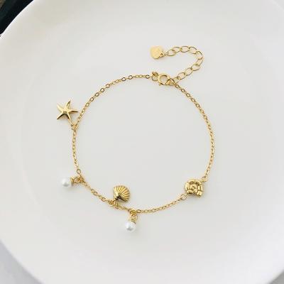 China Wholesale Cute 925 Sterling Silver Shell Pentagram Gold Plated Adjustable Freshwater Pearl Pendant Bangle Bracelet for sale