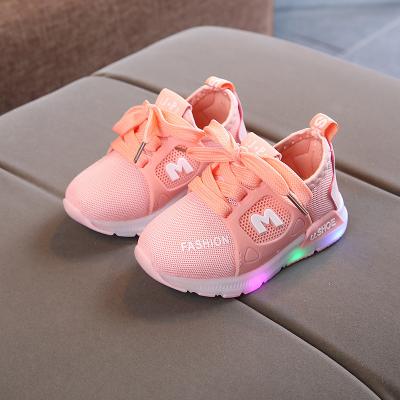 China Mesh Lace Up Sneakers Pink LED Light Breathable Toddler Kids Light Up Shoes For Girls for sale