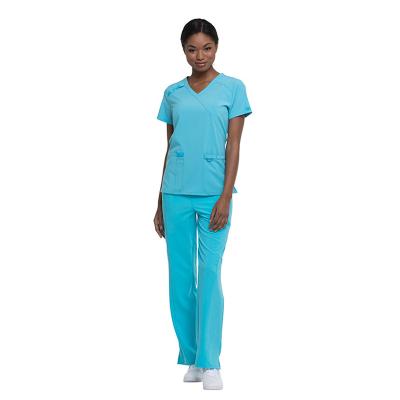 China Anti-Wrinkle OEM Easy-Care Care Scrub Wrap Neck Top and Rib-knit Belt Pants Durable Medical Uniforms for sale