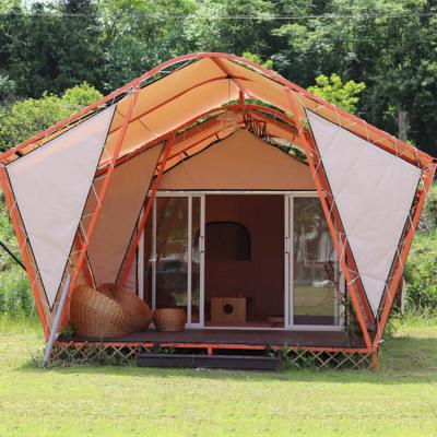 China Diamond Ground Nail Custom Luxury Double Hexagonal Camping Rectangle Shape Canvas Hotel Room Single Tent With Bathroom for sale