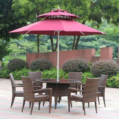 China Modern Coffee Table and Chairs and Modern Cafe Furniture Sun Umbrella Restaurant Metal Rattan Outdoor Chair for sale