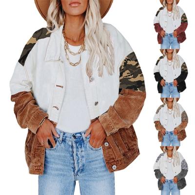 China Custom Winter Women's Anti-Wrinkle Drop Cotton Color Block Patchwork Front Pocketed Corduroy Denim Lattice Jacket for sale