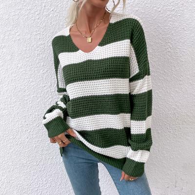 China Custom Women's Ladies Sweater Waffle V-Neck Breathable Anti-Shrink Casual Striped Anti-Shrink Knit Sweaters for sale