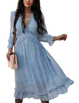 China Custom Made Breathable Chic Women Deep V-Neck Dress Long Sleeves Floral Breathable Midi Boho Dress for sale