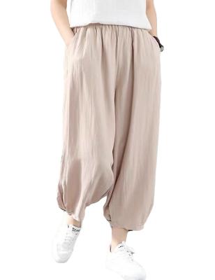 China Custom Women's Casual Loose Cotton Canvas Loose Tapered High Waisted Elastic Trousers Pants for sale