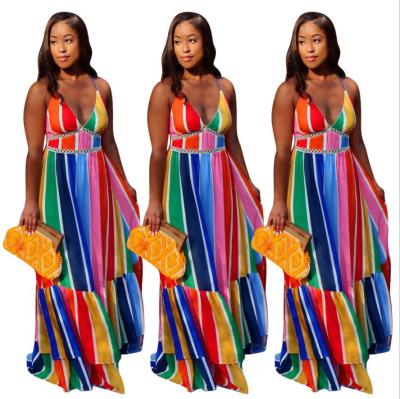 China Custom Plus Size Women Plus Size Rainbow Stripe Print Spaghetti Strap Loose Maxi Plus Size Dress for sale