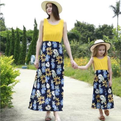 China Breathable 2021 New Summer Sunflower Print Parent-child Custom Yellow Women's Dress Breathable Clothing for sale