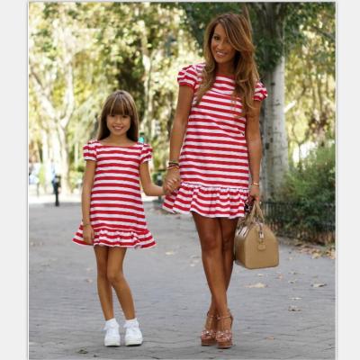 China Breathable Cute Striped Mommy And Me Parent-child Breathable Custom Shirt Sundress Matching Outfit Outfits Family Clothes for sale