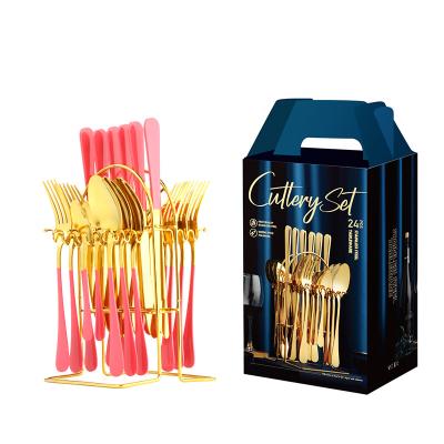 China Sustainable Hot Sale Metal Flatware With Rack 24 Pieces Gold Plated Stainless Steel Flatware Set for sale