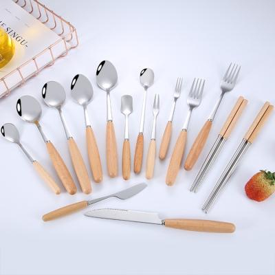 China Sustainable Wood Handle Fork Knife Spoon Chopsticks Stainless Steel Cutlery Set Environmental Protection for sale