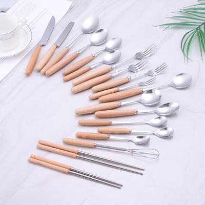 China Sustainable Wooden Handle Flatware Fork Knife Spoon Set Chopsticks Stainless Steel Wooden Cutlery for sale