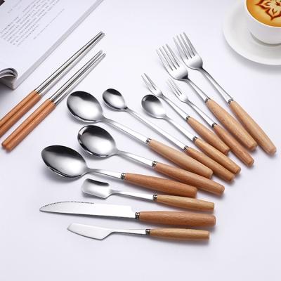 China Viable Reusable Reusable Flatware Handle Knife Fork Spoon Chopsticks Wooden Stainless Steel Cutlery Set for sale