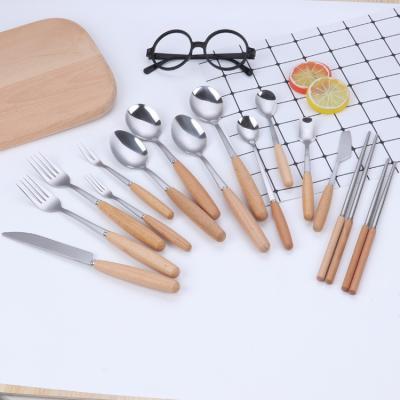 China Viable High Quality Vintage Stainless Steel Hotel Handle Knife Fork Spoon Wooden Cutlery Set for sale