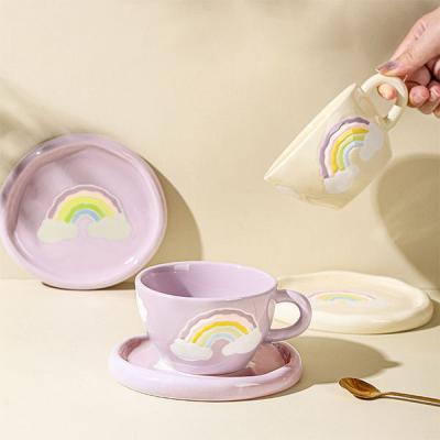 China Viable Relief Rainbow Coffee Cup And Saucer Beige Purple With Relief Rainbowt Home Creative Hand Painted Tableware for sale