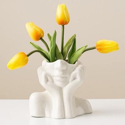 China High Quality Ceramic White Ceramic Female Face Shaped Lady Sculpture Artware Modern Nordic Decorative Half Body Flower Vase Bust Feminist for sale