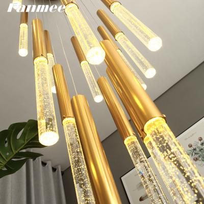 China Modern Metal Living Room Bathroom Stair Lamps K9 Crystal Bubble Pendant Lights Bedroom Gold Tube Modern Luxury LED Long Chandeliers for sale