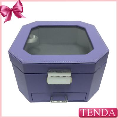 China Personalized Light Blue Sewing Stitching Gift Collection PU Faux Lockable Leather Storage Box with Drawer for sale