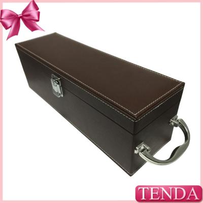 China Luxury Shiny Handle Brown PU Faux Genuie Leather Wine Box for Red Wine Alcohol Beverage for sale