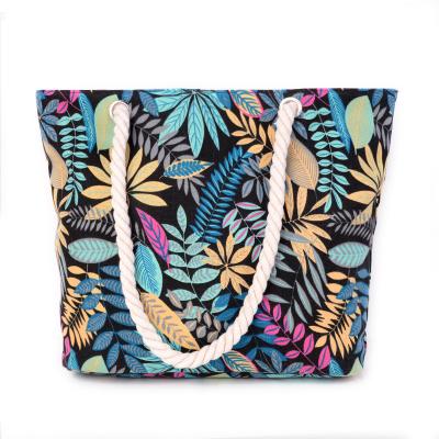 China Fashion Wholesale Fashion Palm Leaf Printed Women Beach Handbags Rope Handle Canvas Tote Beachbag For Daily Use for sale