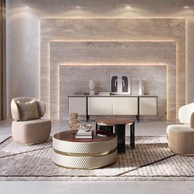 China Leather hot sale modern italian luxury Home furniture stainless steel Leather center tables white round marble top coffee table for sale