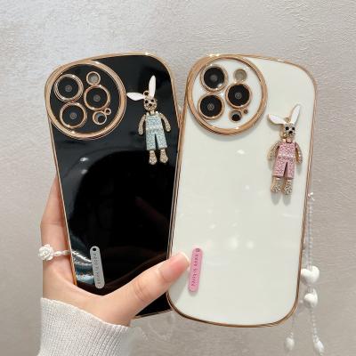 China Hot Selling Luxury Shockproof Plated Cute Rabbit With Rope DIY Phone Case For iPhone 11 12pro 13pro for sale