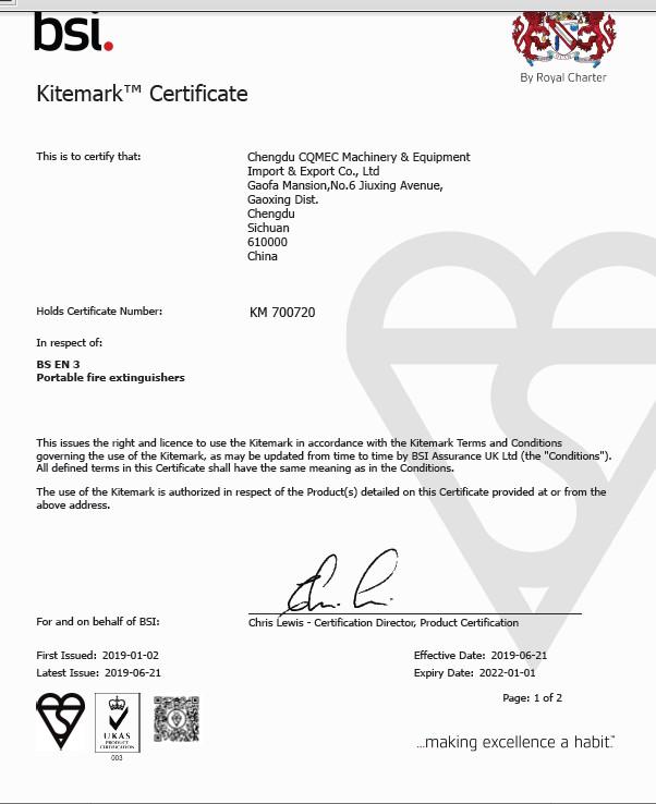 BSI KITEMARK - Chengdu CQMEC Machinery & Equipment Co., Ltd 