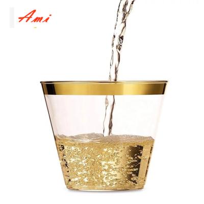 China Viable Gold Rim Plastic Cups 9 oz Elegant Clear Plastic Tumbler Disposable Cups for Events: Weddings for sale