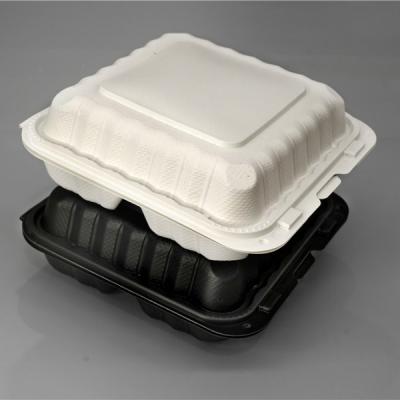 China Disposable Cornstarch Plastic Clamshell Comps Biodegradable 8 Inch 3 Hinged Food Packaging Container for sale