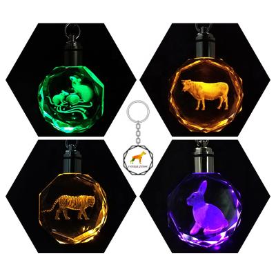 China Europe Led Crystal Key Chain With Chinese Zodiac Signs Rat OX Tiger Rabbit 3d Laser Engraving for sale