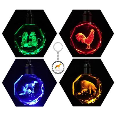 China Custom Animal Character Led Flashlight 3d Crystal Keyring Monkey Rooster Dog Pig From Europe for sale