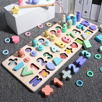 China Plywood+Solid Wood 4 In 1 Color Macarons Shape Matching Board Wooden Number Recognition Activity Educational Toy For Kids 3+ for sale