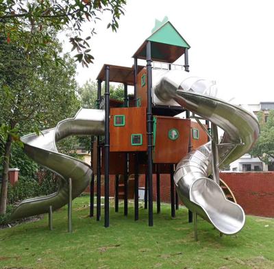 China Qunzhen Plastic Playground Customized Amusement Equipment Stainless Steel Slide Combines PE Wooden Outdoor Playground for sale