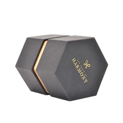 China Recyclable Hexagon Recycle Paper Luxury Black Gray Board Recyclable Perfume Accept Matt Lamination Gold Foil Gift Box Beauty Packaging for sale